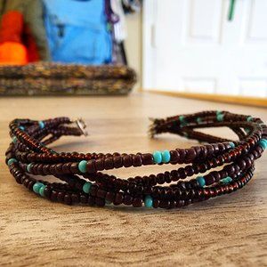Brown and turquoise readjustable beaded bracelet
